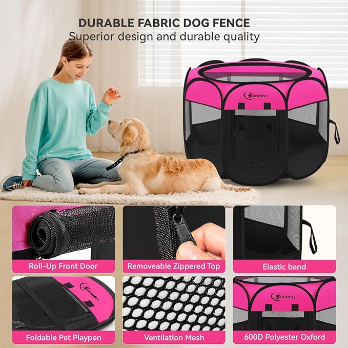 Siedihit Dog Cat Playpen, Large Puppy Pet Playpen, Dog Crate Tent Cage Indoor/Outdoor, Portable Pop Up Dogs Kennel Playpen with Carrying Case for Dogs/Cats/Rabbits, Hot Pink