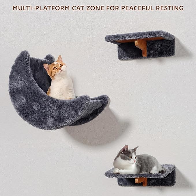 Cat Wall Shelves, Wall Mounted Cat Shelf Furniture with Plush Fabric(13 Piece Set), Cats Furniture with Moon Hammock, Condos, House, Steps, Bridge Ladder, Scratching Post, Grey