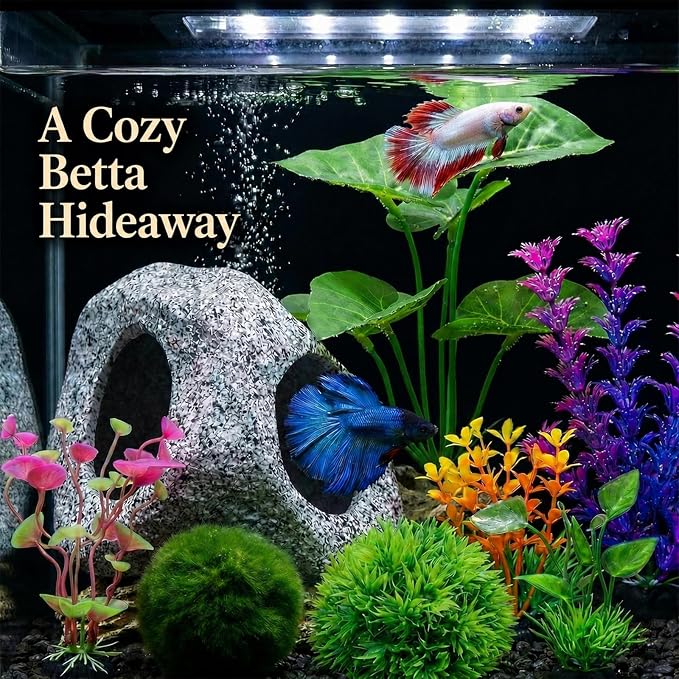 9 Fish Tank Decorations Set Aquarium Decor, Rock Cave Hideout, Artificial Aquarium Plants Plastic Betta Leaf Hammock Goldfish Betta Fish Tank Accessories Small Large Fish Bowl Ornaments