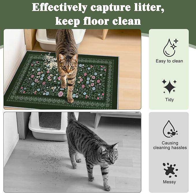 Bienbee Cat Litter Mat, 2PCS 33"x22" Machine Washable Litters Box Mats Non-Slip &Waterproof Cat Litters Trapping Mats Easy to Clean Mat for Litter Box Less Waste Protects Floors Dark Green L