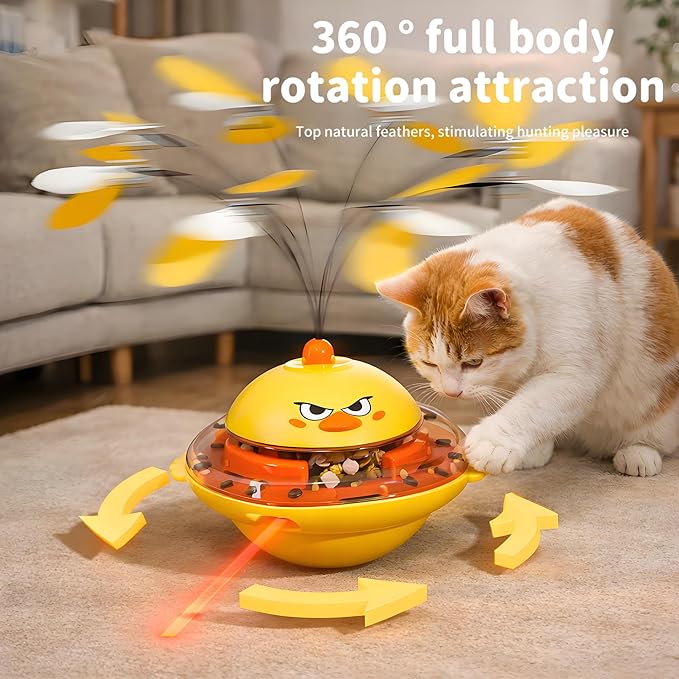 hooroor 4-in-1 Automatic Cat Toy Gift for Cat Owners, Interactive Laser & Feather Teaser with Bird Sounds, Treat Reward, Self-Balancing 360° Spinning Enrichment Exercise Toy for Bored Indoor Cats