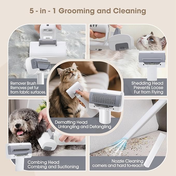 Pet Grooming Vacuum Kits-Dog&Cats Hair Remover Dematting Shedding, Cordless Handheld and Rechargeable Machine Friendly Noise with 9K Suction 300ml Dust Cup Travel/Household