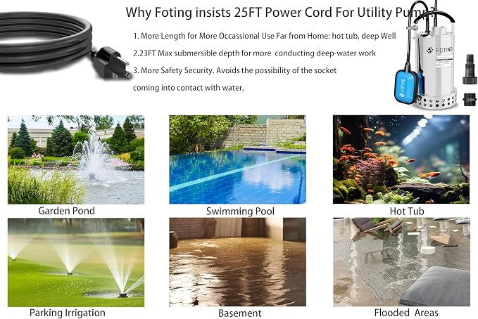 FOTING Full 304 Stainless Steel Sump Pump with Float Switch - 1HP 4600GPH Automatic Submersible Water Pump Fast Water Removal in Pools, Basements, Sewage, Hot Tubs Heater Flush Pit, ponds w/ 10FT Cord