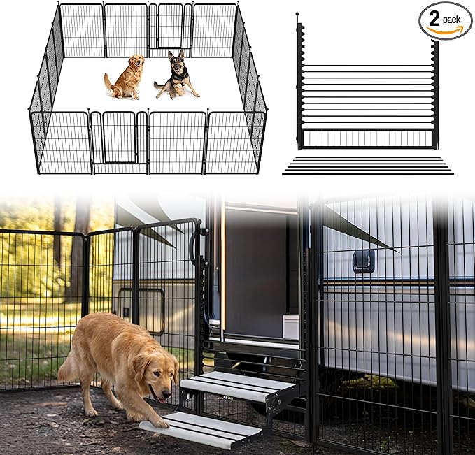 FXW Rollick Unleashed Dog Playpen for Indoor, Yard, RV Camping, 40 inch 16 Panels Dog Pen with RV Step Grid for Medium and Large Dogs, Black│Patented