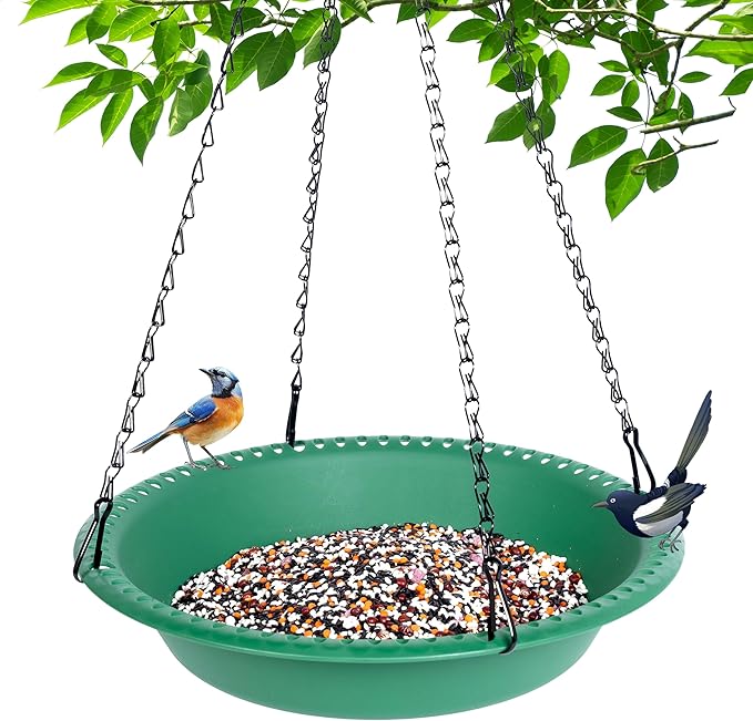 Hanging Bird Feeder Tray with Drainage Holes for Outside, Bird Seed Catcher Tray, Feeding Station (14 inch, Green)