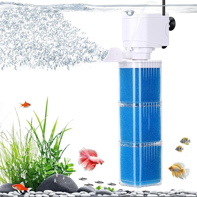 fishkeeper 4-in-1 Mutil Stage Aquarium Power Filter, 6W/8W/13W, 20-100Gal | Quiet Submersible Fish Tank Filter with Filtration/Bubbler/Oxygenation/Wavemaker Function, Adjustable Air Flow, Sponge Filter