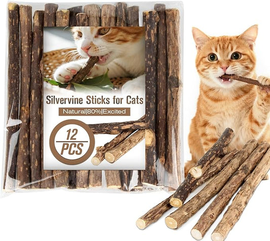 CARGEN Silvervine Cat Chew Sticks - 12 PCS Natural Kitten Chew Toys, Dental Cleaning Sticks, Indoor Cat Daily Treats & Entertainment Supplies