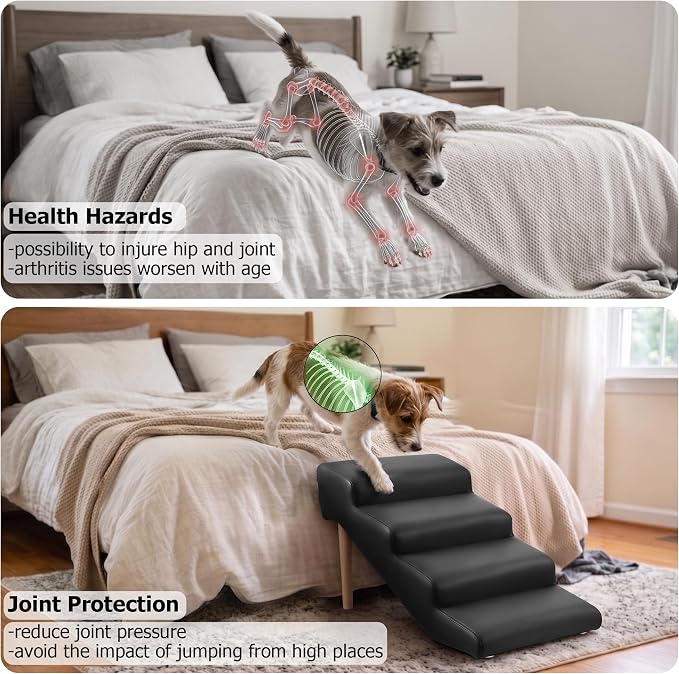 4-Step 18" H Dog Stairs for Bed Couch, Waterproof & Scratch PU Leather Pet Steps for Small Senior Dogs and Cats, Dog Ramp with 220 lbs Maximum, Oak Leg & Solid Wood, Non-Slip Feet, Black