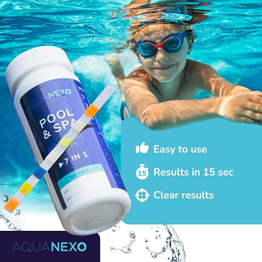 7 in 1 Pool & Spa Test Strips - 100 Strip Water Testing Kit for Swimming Pool, Hot Tub & Spa - Tests Free & Total Chlorine, Bromine, pH, Alkalinity, Hardness, Cyanuric Acid