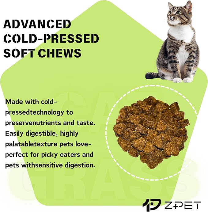 ZPET Hairball Remedy Soft Chews for Cats – Cat Grass Formula with Olive Oil, Fiber & Taurine – Supports Hairball Control, Healthy Digestion & Daily Nutrition, 150g