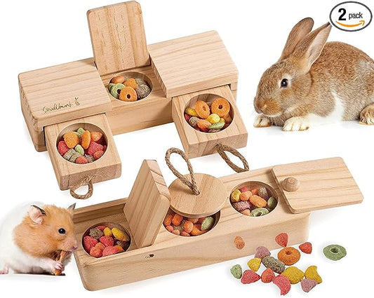 SoulThink® Interactive Wooden Pet Rabbit Toys - Sniff n' Snack Bunny Chew Toys for Rabbit Treats, Suited as Guinea Pig, Hamster for Boredom, Bunny Toys for Rabbits Keep Busy (2 Sets)
