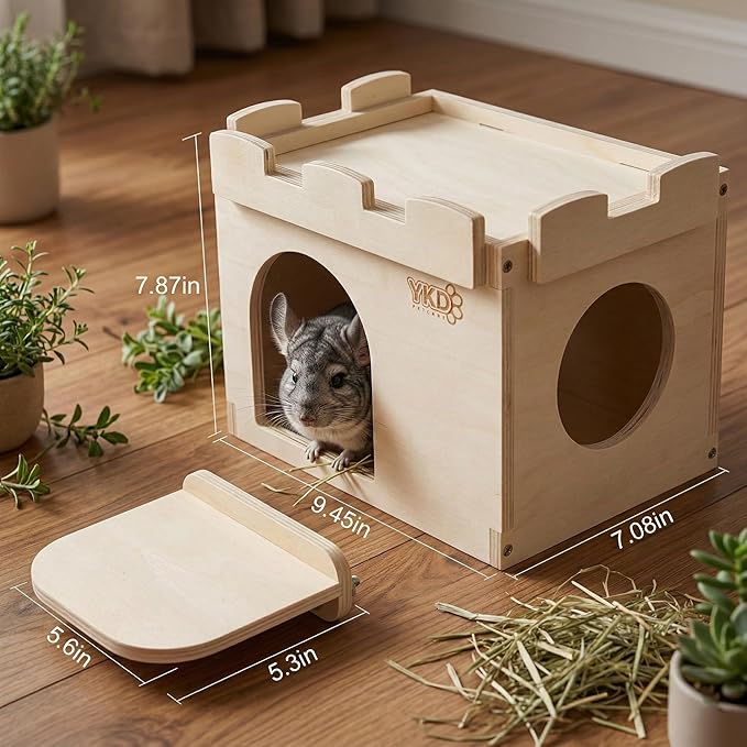 Castle Chinchilla House, Small Animal Hideout for Chinchilla, Guinea Pig, Hedgehog, or Rat, Ventilated Wooden Hamster Habitat with Multiple Doors, Made from Natural Wood