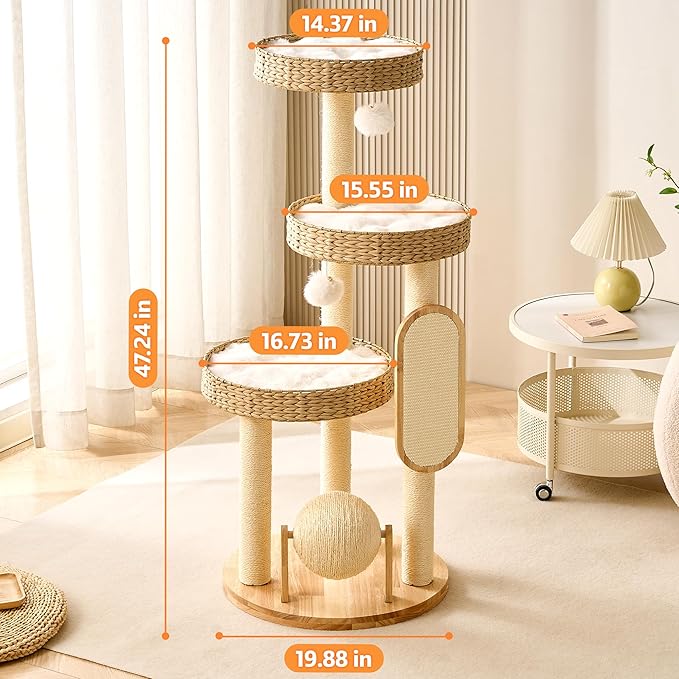 Modern Cat Tree Small Tower with Scratching Post for Indoor, Solid Wood Multifunctional Corner Cat Tree Tower with Bed