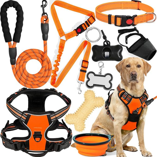 No Pull Dog Harness Adjustable Collar & Leash Set - Dog Halter Harnesses Collapsible Bowls & Poop Bag Dispenser Muzzle ID Tags Toys Fits Small Medium Large Dogs (Orange-XL)