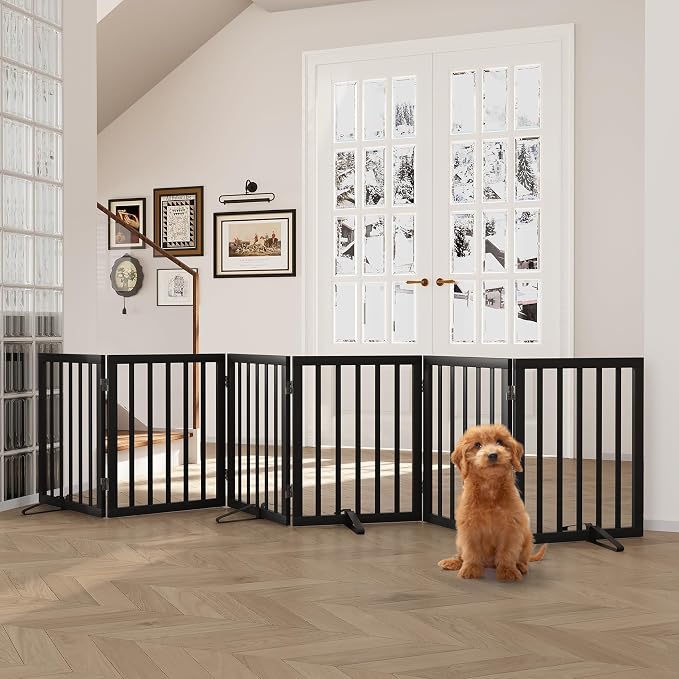 Semiocthome Wood Dog Gates for The House Extra Wide, 6-Panel Freestanding Pet Gates with 4PCS Metal Stands for Doorways and Stairs, 24" H Foldable Dog Fences Indoor, Expands Up to 110" (W)- Black