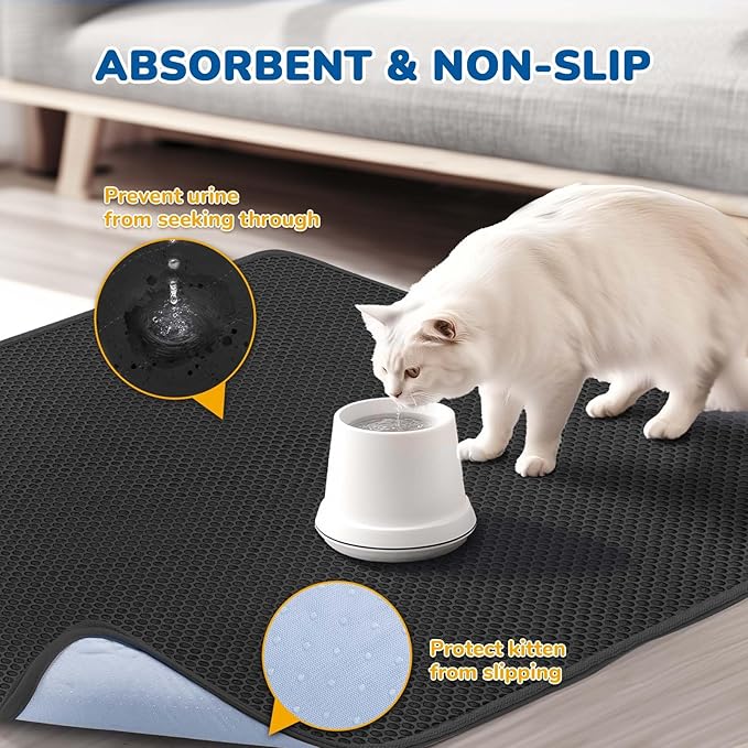 BurgeonNest Cat Litter Mat 47" x 35" Upgraded Felt & Fabric Material Cat Trapping Mat for Fewer Creases, Extra Large Hold 3-4 Litter Boxes Urine-Proof Non-Slip, Machine Washable, Soft on Paws, Black