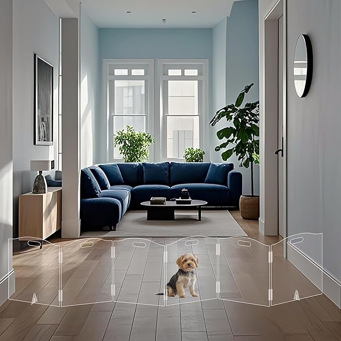 Clear Acrylic Dog Gate for Indoor Use – 6 Panel Pet Gate for Doorways, No Drilling, Foldable Dog Barrier,Foldable Doggy Cat Fence with Support Feet for Home, Stairs, and Puppy Playpen