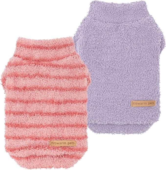 Fitwarm 2 Pack Striped Fleece Dog Sweater, Warm Winter Clothes for Small Dogs Boy Girl, Fuzzy Pet Outfit, Pink, Lavender Purple, Large