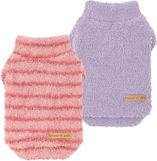 Fitwarm 2 Pack Striped Fleece Dog Sweater, Warm Winter Clothes for Small Dogs Boy Girl, Fuzzy Pet Outfit, Pink, Lavender Purple, Large