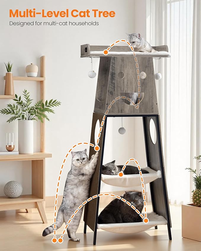 Modern Wood Cat Tree for Indoor Cats, 56 Inch Tall Cat Tower with Hammock, Multi-Level Trees with Perch Bed, 2 Hammock, Cat Condo, Scratching Board, Removable Pads, Cat Furniture, Greige