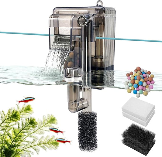 Small Fish Tank Filter for 3-5 Gallon Aquarium, USB Powered Quiet Hang On Back Filter with Upgraded 3-Stage Filtration System (Sponge & Quartz Balls), Adjustable Flow & Extra Media Set Included