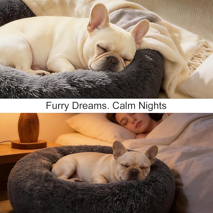 Dog Calming Beds for Small Medium Large Dogs - Round Donut Washable Puppy Dog Bed, Anti-Slip Faux Fur Fluffy Donut Cuddle Anxiety Cat Pet Bed(20" Dark Grey)