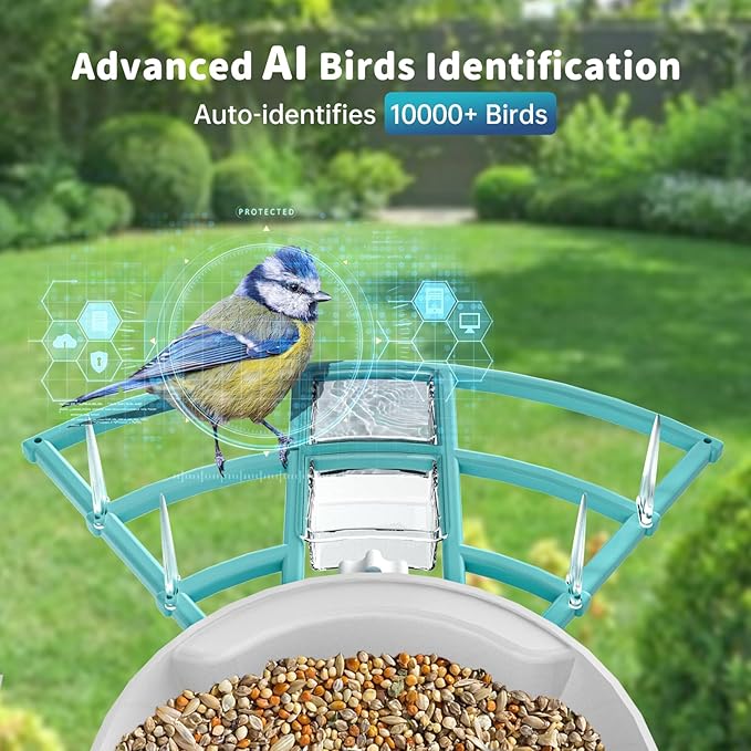 Smart Bird Feeder with Camera Solar Powered & AI Bi rd Identification, 2.4Ghz WiFi Bird feeders for Outdoors, 2K Live Video, Instant Arrival Alerts - Blue