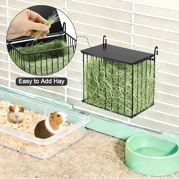 Upgraded Hay Rack for Rabbits, Bunny Feeder for Guinea Pigs Chinchillas, Black, Hanging Hay Feeder with Lid, Bunny Feeding Holder, Metal, Square, Chinchilla Cage Accessories