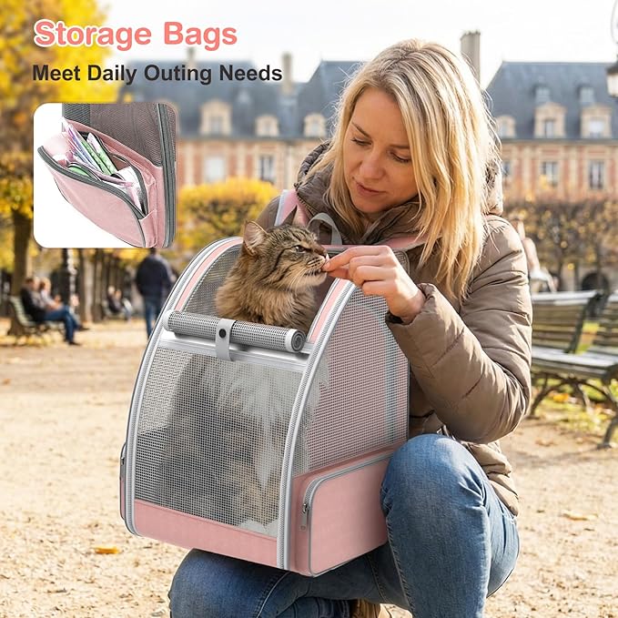 Cat Backpack Carrier Expandable for Travel: Foldable Pet Backpack with Breathable Mesh for Medium Small Dog Cat Puppy Kitten up to 15 Lbs, Cat Carrier Soft Backpack for Hiking Camping Outdoor(Pink)