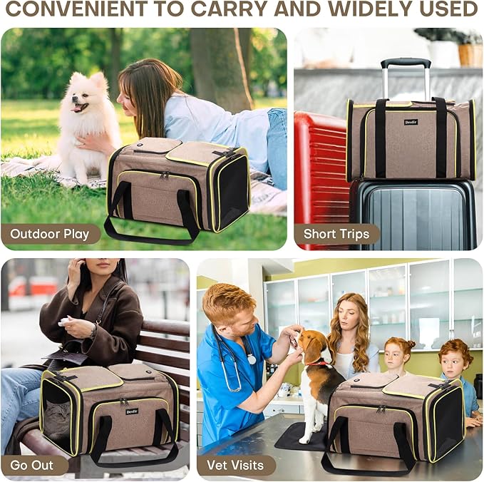 Expandable Cat & Dog Carrier, Large Expandable Collapsible Travel Bag with Safety Zippers, 3 Open Doors, Removable Fleece Pad for Puppies & Small Animals, Airline Approved (Brown)