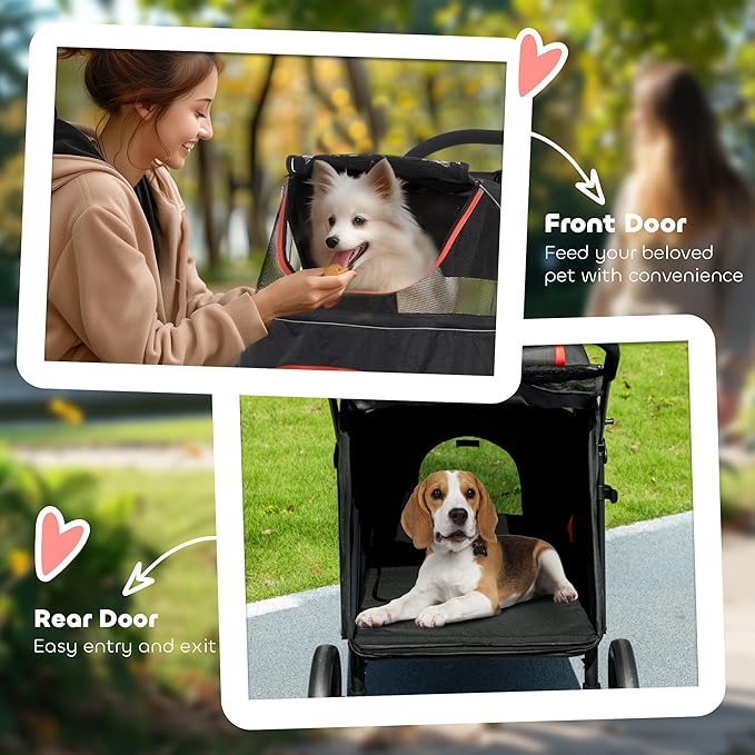 PawHut Dog Stroller for Large Medium Small Dogs up to 66 Lbs. 23.5" in Body Length, One-Click Foldable Pet Cat Stroller with Storage, Shock Absorption Wheels, Mesh Window, Safety Leash, Black