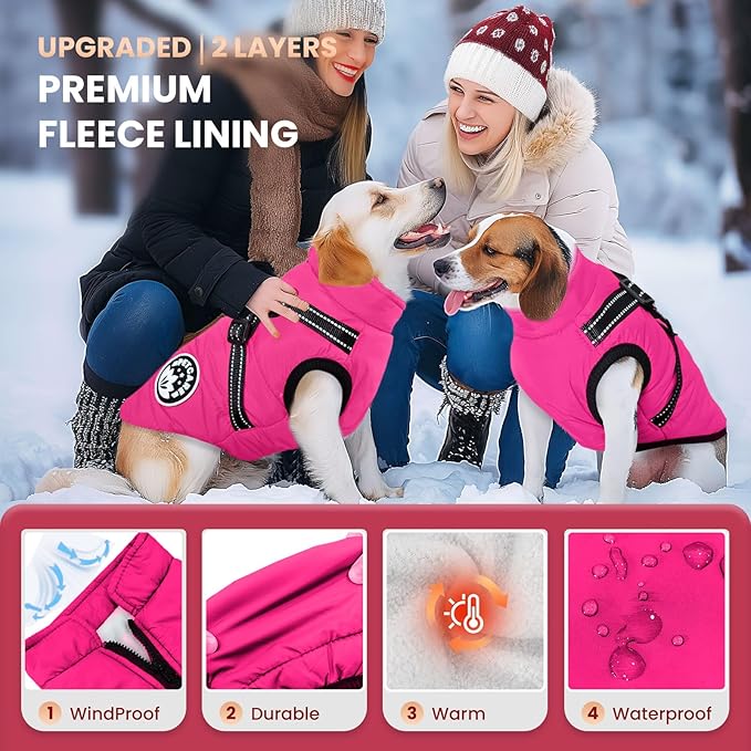 PETCARE Winter Dog Coat with Harness Built in Waterproof Dog Jackets Warm Pet Fleece Vest Windproof Snow Jacket Snowsuit Reflective Dogs Cold Weather Coats for Puppy Small Medium Large Dogs Cats