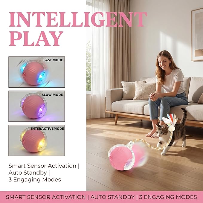 Rechargeable Smart Rolling Cat Ball, Automatic Interactive Cat Toy with 3 Modes, LED Light & 3 Replaceable Accessories, Indoor Cat Exercise Toy for Kittens & Adult Cats, for Boredom Relief Pink
