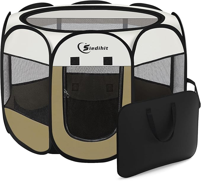 Siedihit Dog Cat Playpen, Small Puppy Pet Playpen, Dog Crate Tent Cage Indoor/Outdoor, Portable Pop Up Dogs Kennel Playpen with Carrying Case for Dogs/Cats/Rabbits(Khaki, Small)