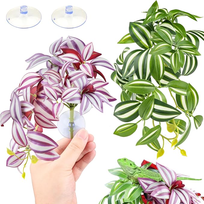 QUOZUO 2 Pack Reptile Plants, Artificial Hanging Plants with Suction Cups, Habitat Decor Plastic Vines Decorations for Bearded Dragons Lizards Snake Geckos Frogs -Purple and Green