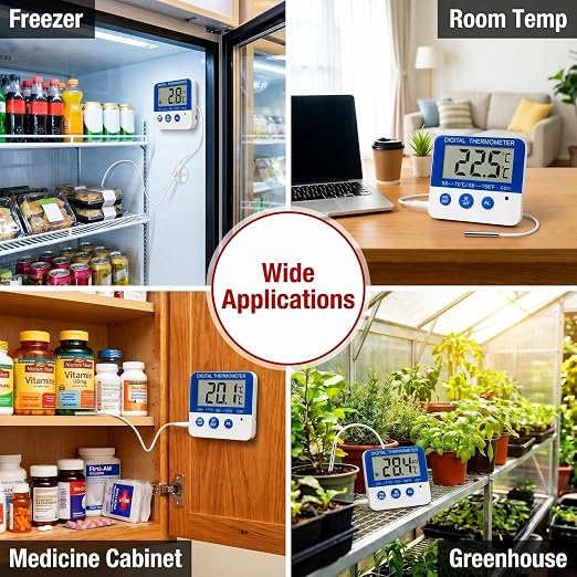 2Packs Fridge Freezer Digital Thermometer with Probe, Accurate Temperature Gauge with Built-in Default Frost Warning, Custom Alarm & Min Max Readings for Wine Cellar Aquarium Incubator Greenhouse (2)