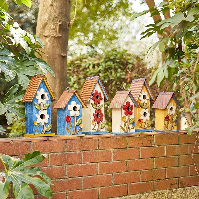 Glitzhome Bird Houses for Outside, 10.2" H Hanging Bird House for Outdoor Patio Garden Decorative Birdhouse Pet Cottage Distressed Wooden Birdhouse for Swallow Sparrow Finch Cardinals, Yellow Flower