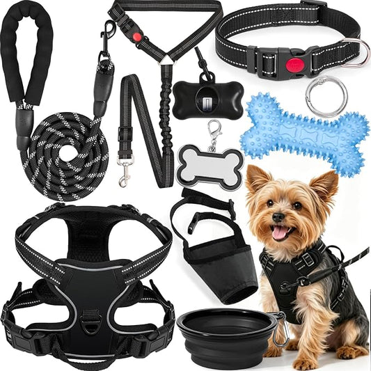 No Pull Dog Harness Adjustable Collar & Leash Set - Dog Halter Harnesses Collapsible Bowls & Poop Bag Dispenser Muzzle ID Tags Toys Fits Small Medium Large Dogs (Black-S)