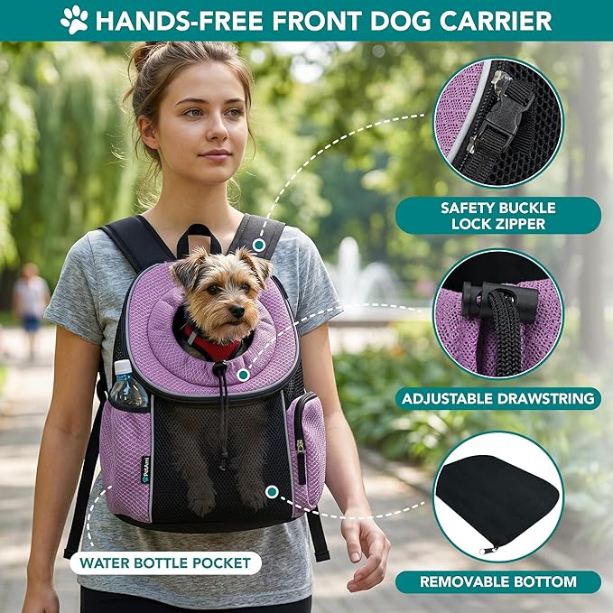 PetAmi Adjustable Cat & Dog Front Chest Carrier Backpack, Ventilated for Hiking & Camping, Max 10 lbs, Purple