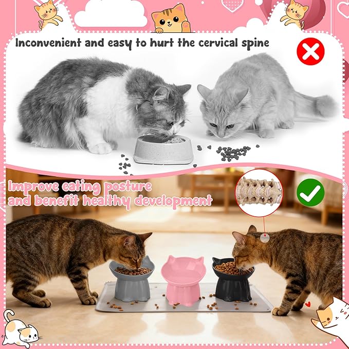 3 Pcs Elevated Cat Bowls 15°Raised Cat Food Bowl with Silicone Mat Whisker Friendly Anti Vomiting Cats Dishes Pet Food and Water Bowls for Indoor Cats Kittens Classic Pink, Grey, Black Pink, Grey, Bla