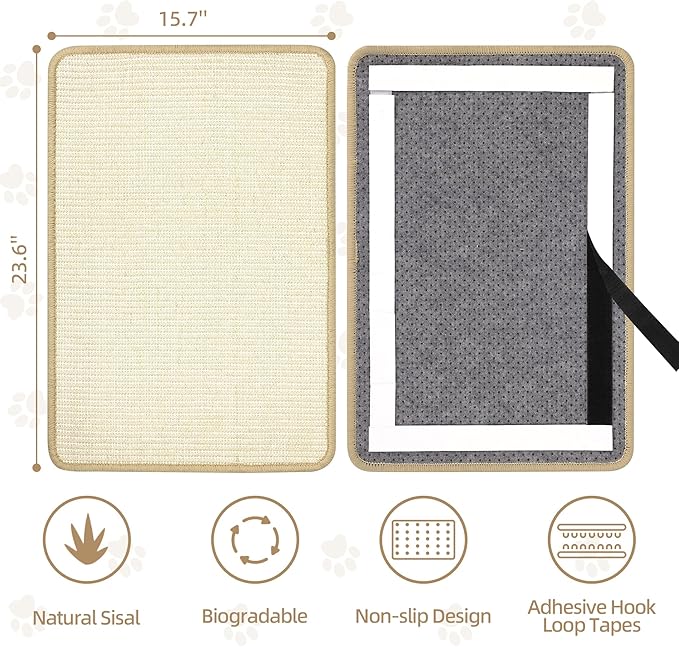 Graciadeco White Cat Scratching Mat Sisal, 2 Packs Sisal Fabric Large Cat Scratching Pad for Indoor Cats with Adhesive Hook Loop Tape, Wall Scratchers for Indoor Cats 23.6" x 15.7"