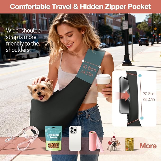 YUDODO Adjustable Dog Sling Carrier for Small Dogs Lightweight Crossbody Pet Bag with Safety Strap, Pocket Storage, Machine Washable, Comfortable Travel & Outdoor Sling up to 9 lbs Black Fashion