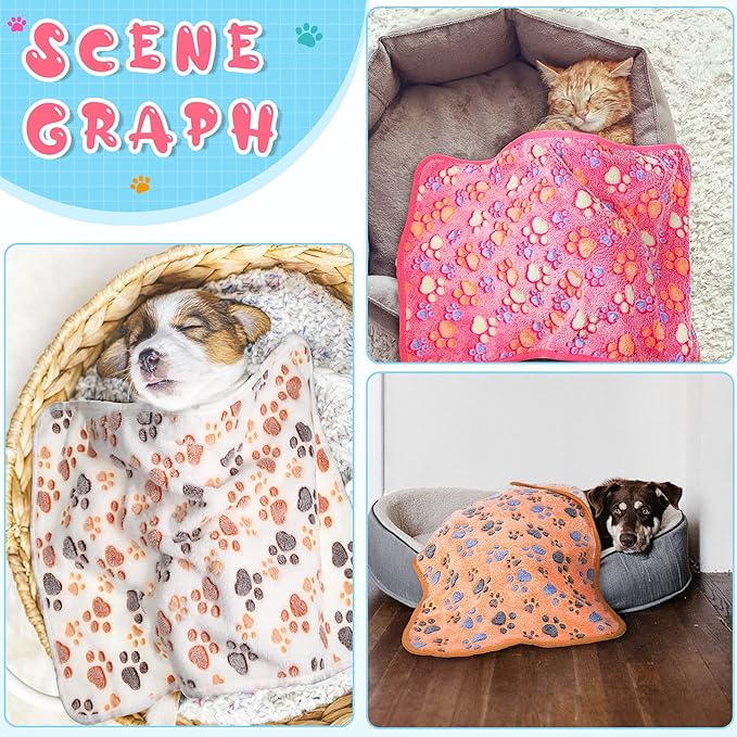 Tatuo 4 Pack Fleece Dog Blankets for Puppy Cats Multi-Size Sleep Mat for Pet Guinea Pig Soft Washable Warm Crate Bed Puppy Teething Toys Print Pattern Blanket Indoor(White,24 x 16 Inch,Paw)
