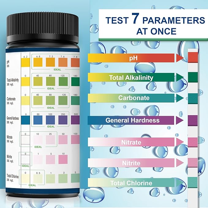DIPSTIK Aquarium Test Strips, 7-Way Freshwater Saltwater Fish Tank Pond Test Kit, 100 Strips, Nitrate, Nitrite, Chlorine, Hardness, Alkalinity, Carbonate, pH