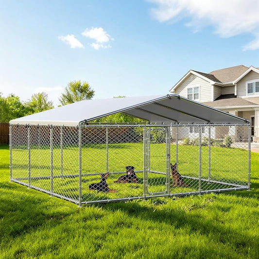 15x15 FT Large Outdoor Dog Kennel – Heavy-Duty Dog Enclosure with Wire Mesh Fence, Lock & Waterproof Cover for Large Dogs