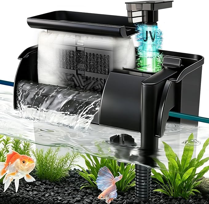 Large Hang on Back Aquarium Filter 344GPH for 40-150 Gallon Fish Tank, U-V Light Big Canister w/ Filters High Flow 5-Stage Green Killing Deodorization Machine Keep Fresh& Saltwater Water Crystal Clear