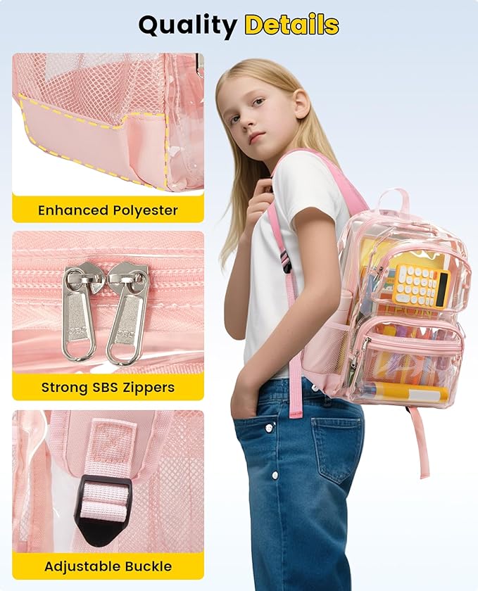Vorspack Clear Backpack for School - Heavy Duty See Through Bookbag for Girls Boys Large Transparent Backpacks for Work, Travel - Pink