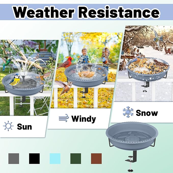 Bird Baths for Outdoors, Rustproof Metal Clamp Birdbaths & Birdfeeder with Detachable Plastic Basin, Outdoor Bird Feeding & Watering Station for Wild Birds Garden Patio Balcony (Grey)