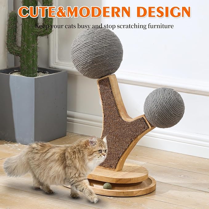 Cat Tree Cat Scratching Post with Vertical Cat Scratcher, Interactive Toy Balls, Handmade Cat Furniture with Natural Materials, Cute Kitten Scratch Post, Easy-to-Clean