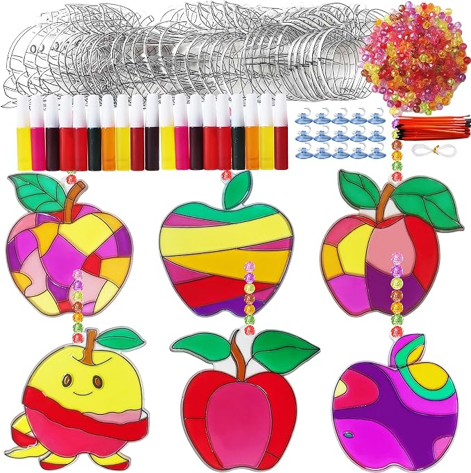 30 Set Apple Suncatcher Craft Kits, Blank Back to School Sun Catcher Art | DIY Window Paint Art Sets for First Day of School Supplies Home Party Activities Art Project